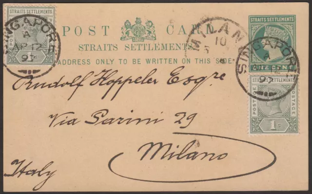 Malaya Straits Settlements 1897 QV 1c x2 on 1c PS Postcard Singapore - Milan