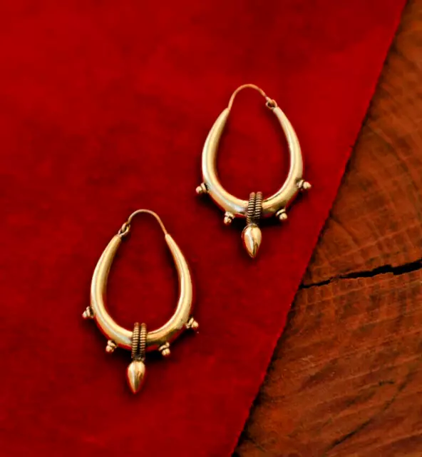 Large Gold Plated Vintage Afghani Brass Hoops Tribal Mandala Afghani Earrings