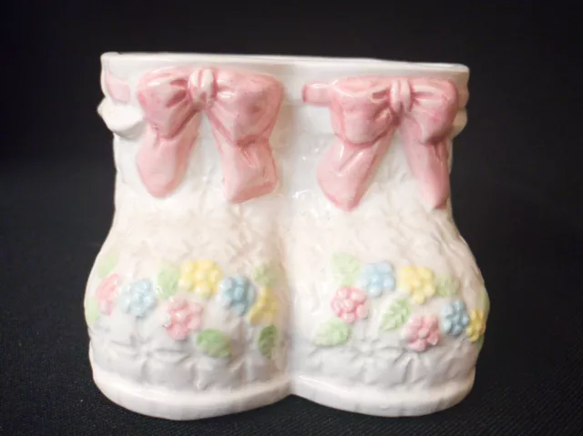 Vintage Ceramic Baby Booties Nursery Planter  Pink Ribbon & Flowers   Cute!