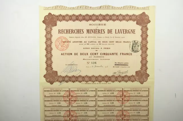 Societe De Recherches Minieres De Lavergne / Lot Action De 250 Francs 1913
