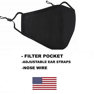 Cotton Face Mask with Filter Pocket Cloth Unisex Reusable Washable Black