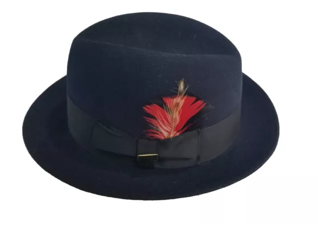 Dobbs Fifth Avenue M02E3 Randall Narrow Brim Navy Blue Fedora Red Feather