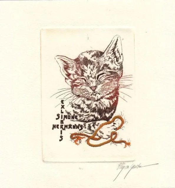 Exlibris Bookplate Radierung Elly de Koster 1948-2015 Katze Schnur
