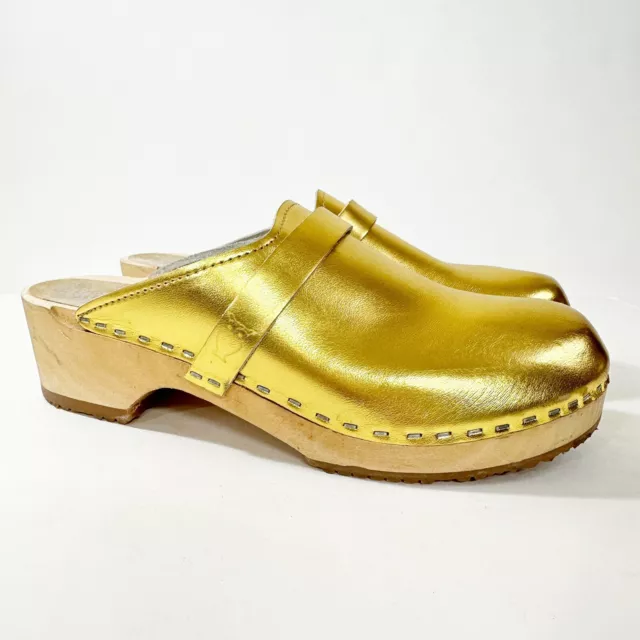 Sandgrens Swedish Low Heel Wooden Mules Clogs Metalic Gold Leather Sz 40/US 9