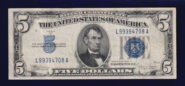 1934C Five Dollar Silver Certificate Large Blue Seal Note Old US $5 Bill