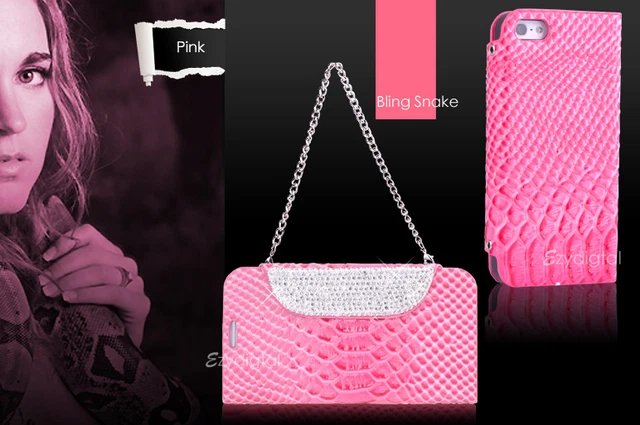 Premium Pink Bling Snake Stand Wallet case cover for Apple iPhone 5