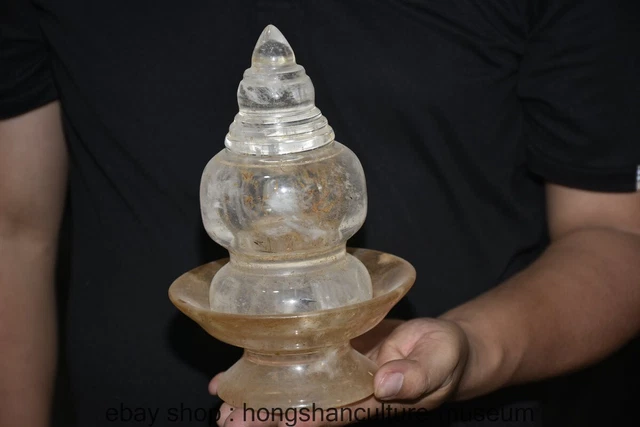 8.8 " Old Chinese Natural White Crystal Carving Buddhist pagoda Statue