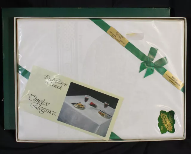 Vtg Fingal Tablecloth Celtic Linen Damask 54x90 White Irish Pristine Unused Box