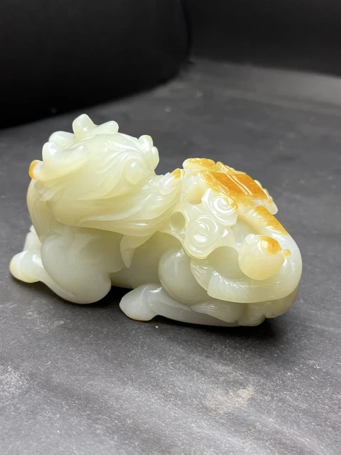 Chinese Exquisite Handmade Kirin and Kid carving Hetian Jade Statue