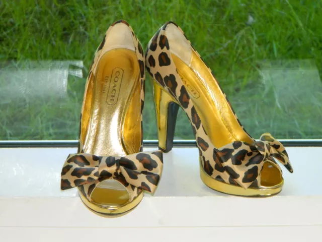 Coach Leopard US 6.5 Print Daisy Ocelot Open Toe Pumps Satin Wedding Gold Bow