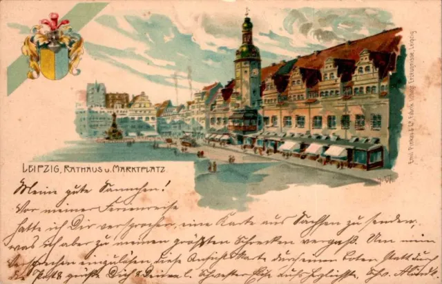 Litho Gruss Aus Leipzig Rathaus + Marktplatz Col. Um 1900 Sachsen