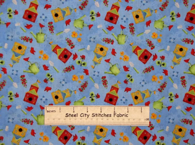 RJR Garden Frolic Bird House Water Can Cardinal Flowers Blue Cotton Fabric YARD