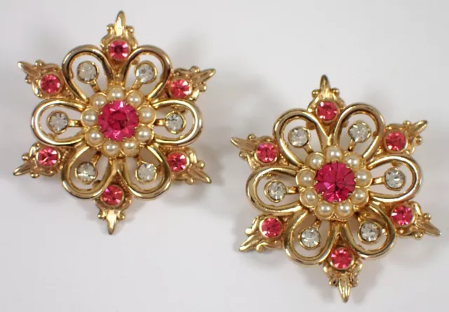 PAIR Vtg CORO Signed Pink Rhinestone Faux Pearl Flower Snowflake Tiered Brooch