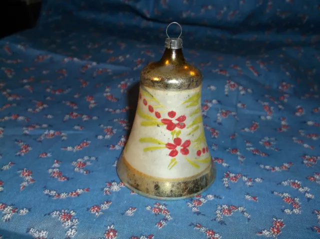 ksm. Vintage Christmas Ornament  Bell Shape Red Flowers 3 1/4 Inch  High w/Loop