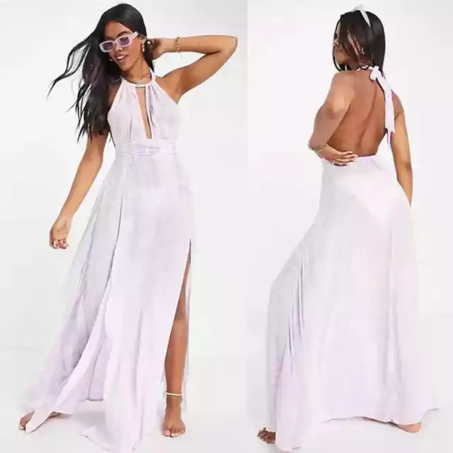 ASOS DESIGN deep plunge maxi beach dress in lilac tie dye