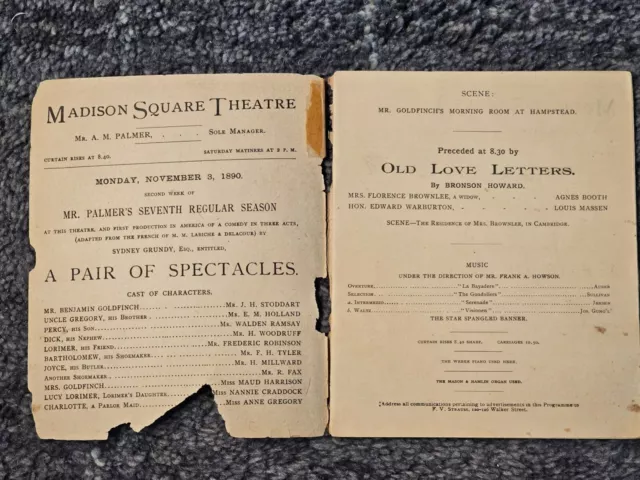Agnes Booth MRS J B Jr 24 page playbill Old Love Letters 1890 Madison Sq Theatre