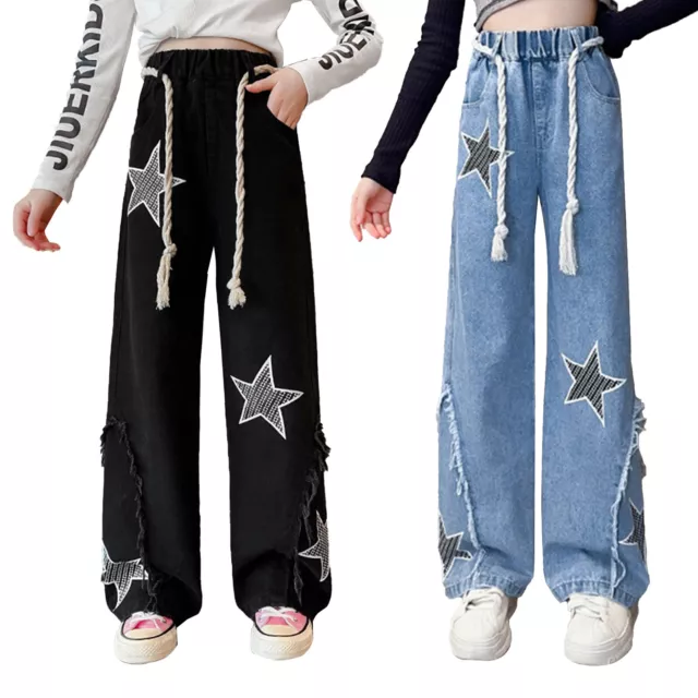 Jeans vita elastica bambini bambina pantaloni gamba larga pantaloni jeans strappati moda