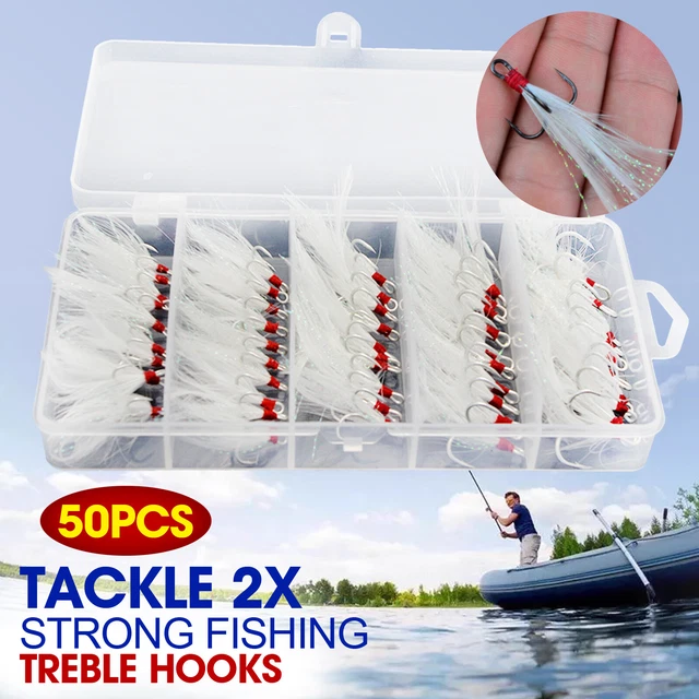 50Pcs 2X Strong Fishing Treble Hooks Dressed 2/4/6/8/10# Tackle White Feather