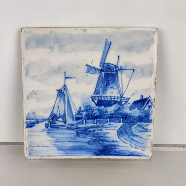 Antique 18c Dutch Delft Pottery Tile Blue & White B&W river windmill scene c1780