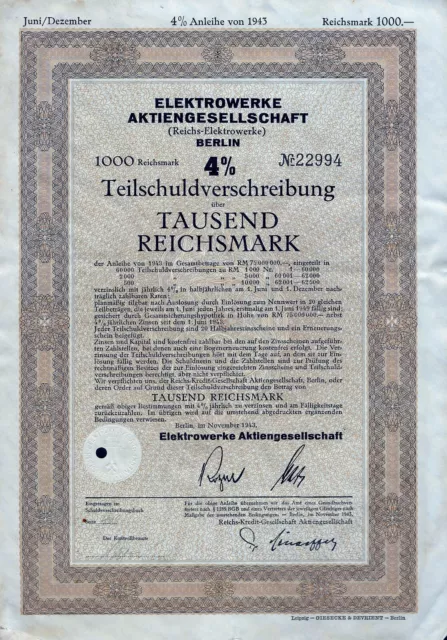 (Reichs-) Elektrowerke AG Berlin, 4 % Teilschuldv., 1943 (1.000 RM)