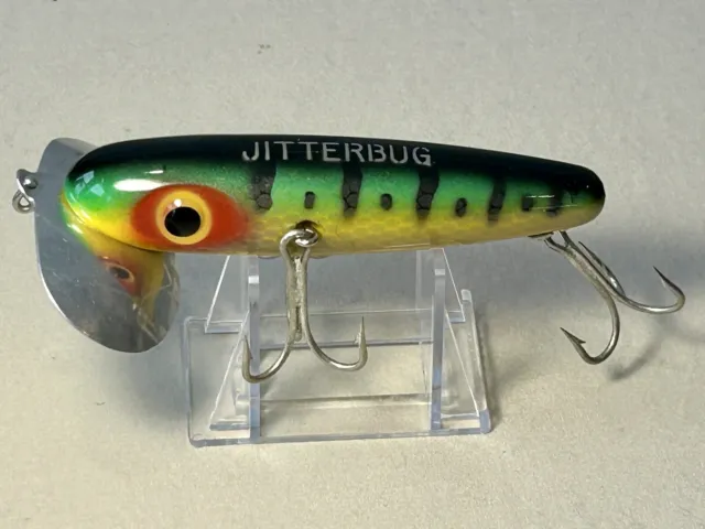 5” WOOD MUSKY Arbogast Jitterbug Lure~Glass Eyes~Unmarked Lip~Perch  Markings~EUC $39.95 - PicClick