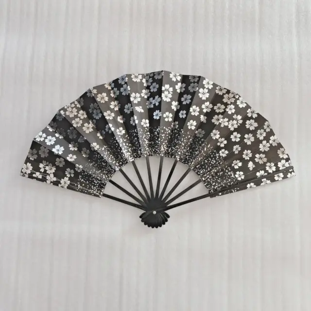 Japanese Traditional Folding Fan High Quality Black & Silver Floral SENSU Kyoto