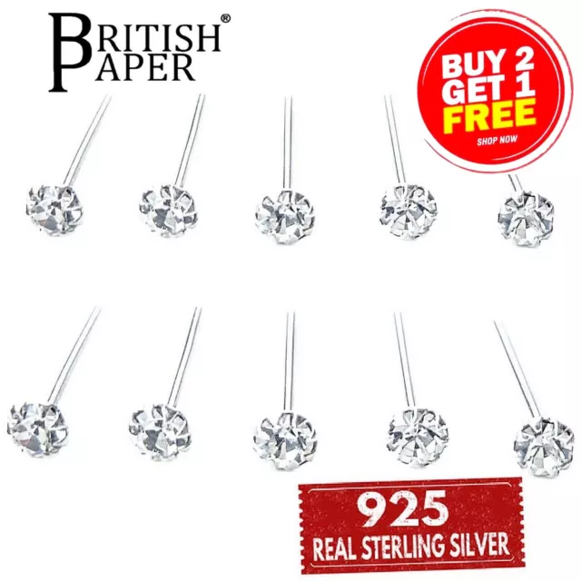 925 Sterling Silver Nose Straight Clear Studs I L Screw Shape Solid Bar Claw Set