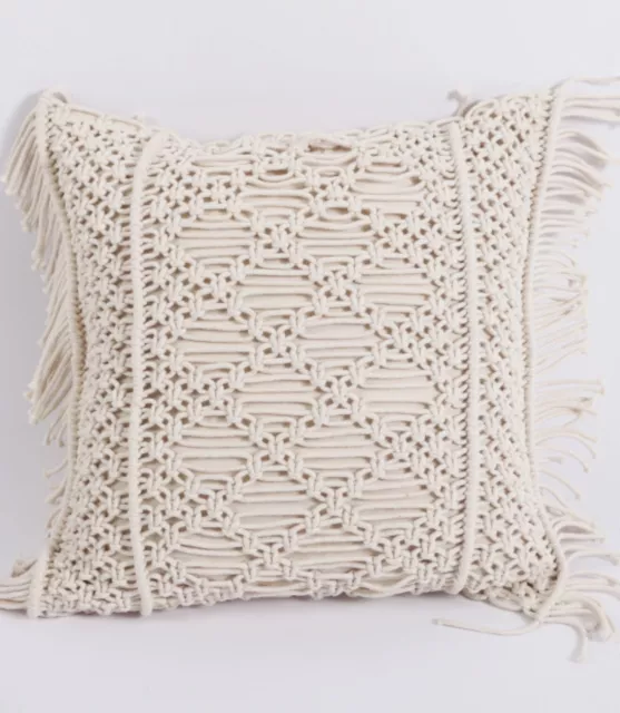 Macrame boho knitted pillow cover 18x18in, handmade bohemian cotton decoration