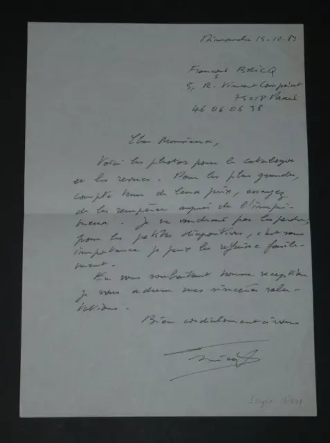 Sergio BIRGA - Lettre autographe signée à François Bricq à propos de photos 1989