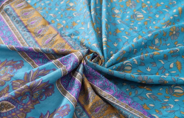 Vintage Saree Indisch Krepp Seide Stoff 4.6m Craft Türkis Blumenmuster Sari