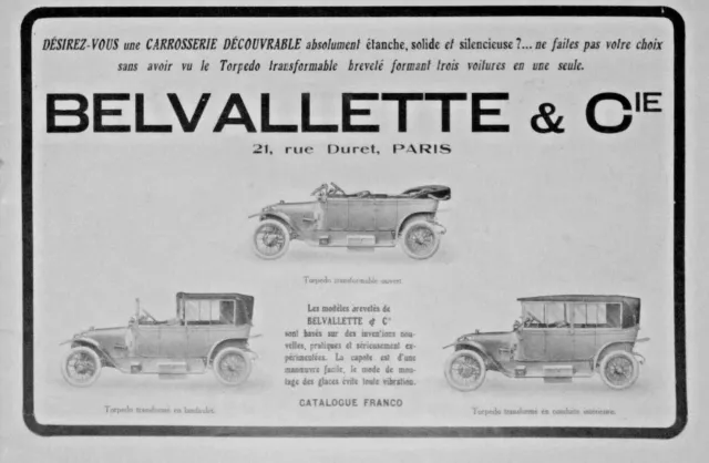 Publicité De Presse 1914 Voitures Belvallette Torpedo En Landaulet Ouvert