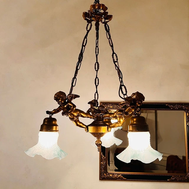 Stunning French 19th Century Bronze Chandelier with 3 Angels - Cherubs