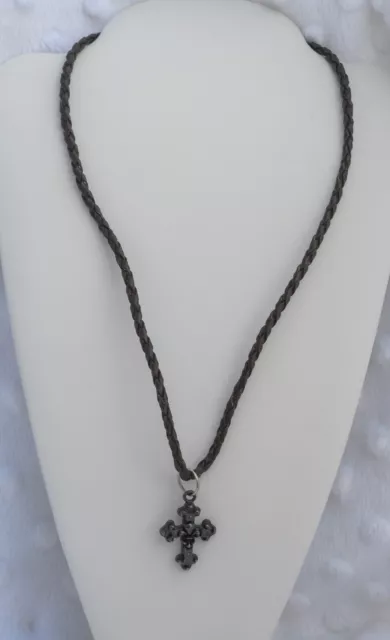 20" braided leather necklace with 1" black cross pendant - J14