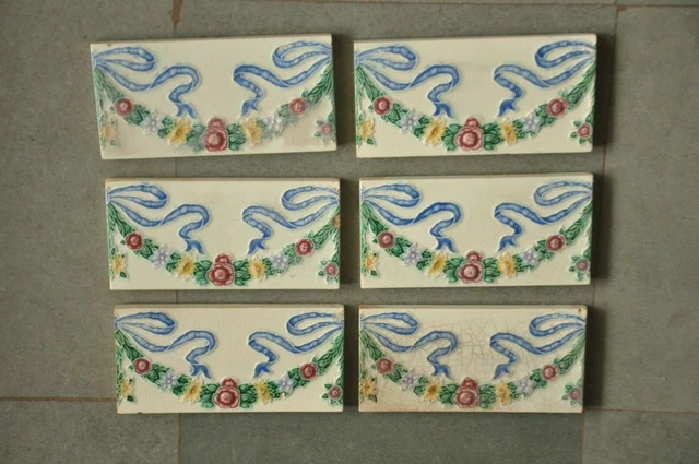 6 Pc Vintage Majolica Flower Garland Design Colorful Ceramic Tiles,Japan