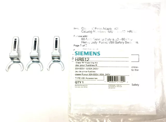 SIEMENS 30A 600V~& 60A 240V Class 'R' Fuse Adapter Clip Kit HR612 NOS