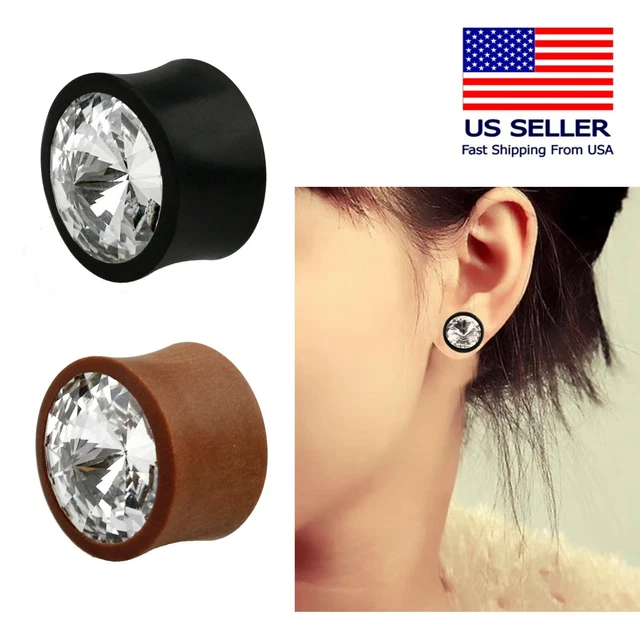 Pair CZ Crystal Core Wood Carved Double Flare Ear Gauges Plugs Jewels 2G - 5/8"