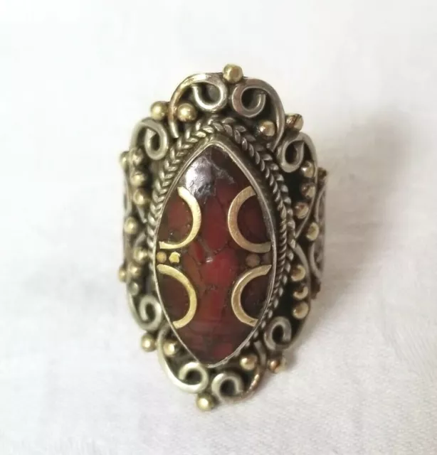 Beautiful Ornate RING Deep Red Stones Silver tone Metal Handcrafted from Tibet 8