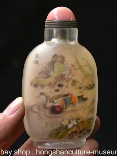 3.6" Old Chinese Glass Painting Dynasty Duck Snuff box Snuff Bottle Statue