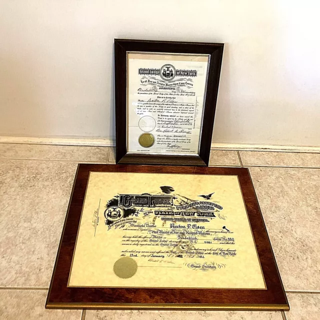 Lot x2 Grand Lodge Free And Accepted Masons US New York 1982 Certificate Frame