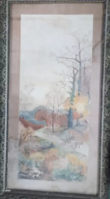 Vintage Landscape Watercolour Painting Signed Rose RICH In Ornate 12 X 22½ In