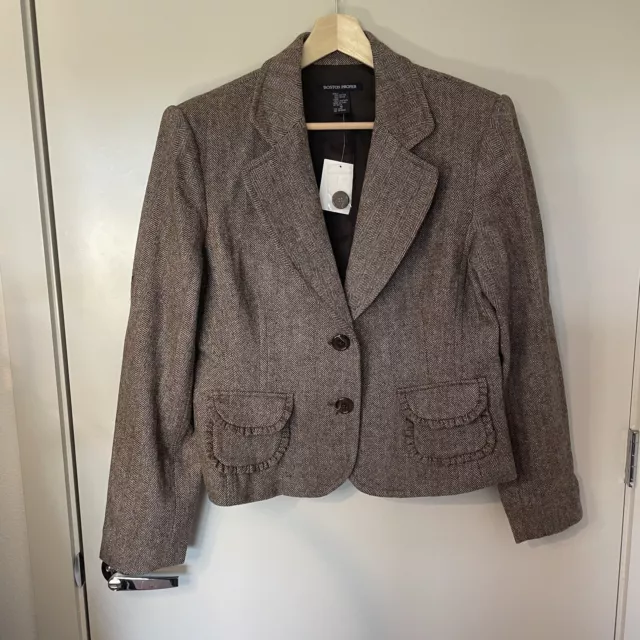 NWT Boston Proper Size 16 Tweed Blazer Preppy Ruffles Brown Tan Button Up Jacket