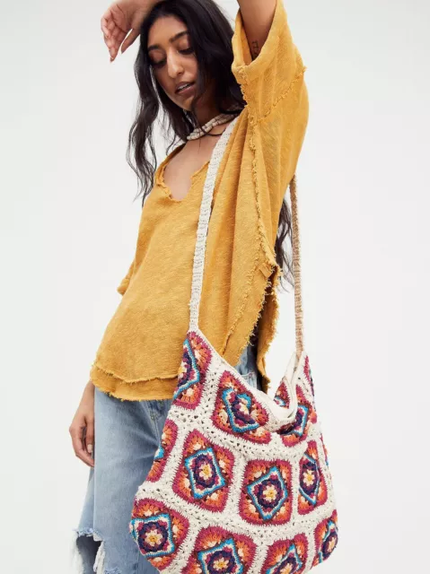 Free People HANDMADE Granny Squares Ivory Catch Me Crochet Tote NWOT $98