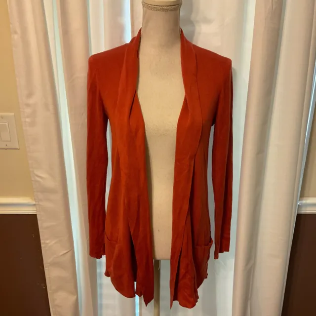 Eileen Fisher Cardigan XS Salmon-Coral Red Open Front Long Sleeve Pockets