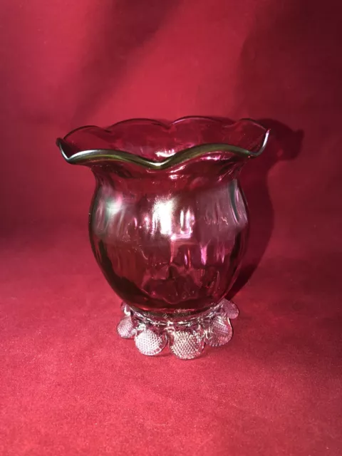 Antique vintage footed Cranberry Glass Vase with ruffled top and pontil on bot