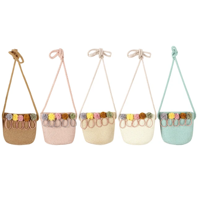 Kids Straw Hat Beach Shoulder Bag Pompom Ball Girls Summer Handbags Coin Purse F