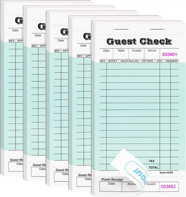 5 Pack Server Note Pads, Guest Check Books for Servers, Guest Checks Notepad for
