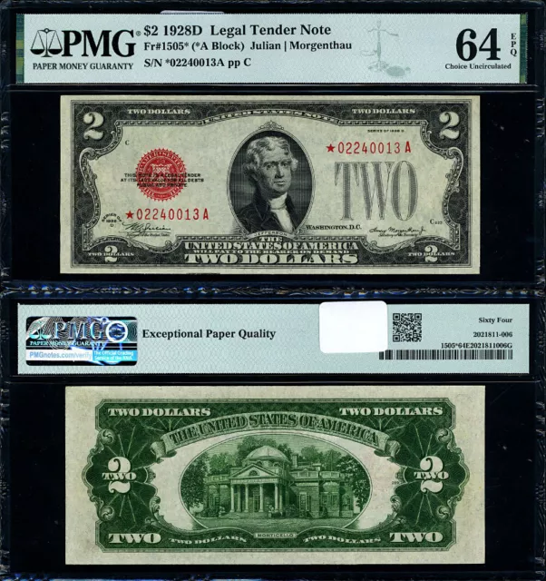 FR. 1505* $2 1928-D Legal Tender Non-Mule *-A Block Choice PMG CU64 EPQ Star