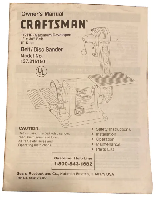 Sears Craftsman Belt & Disc Sander Owners Manual Model 137.215150