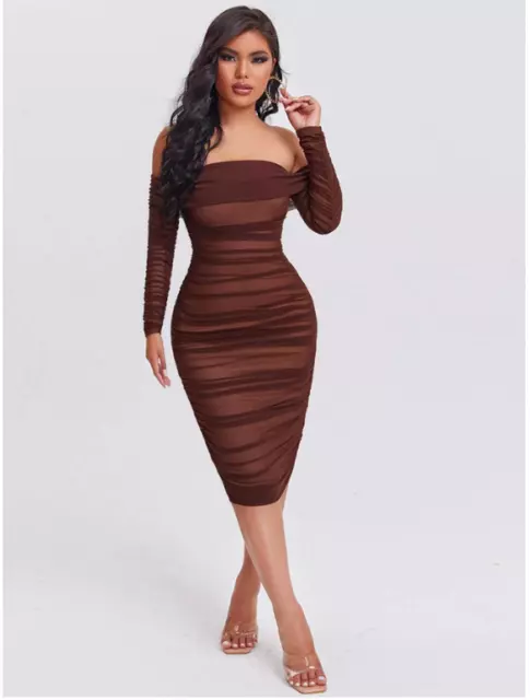 CHOCOLATE BROWN SXY Ruched Off Shoulder Mesh Bodycon Dress Sz XS