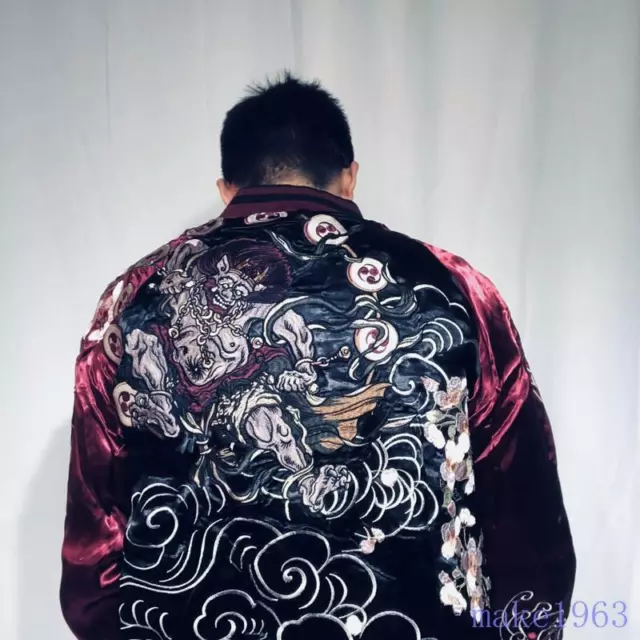 Mens REVERSIBLE Sukajan Souvenir Jacket Japanese Pattern Embroidered Top Coat 3